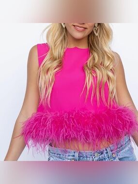 La’ Ros Vibrant Hot Pink Ostrich Feather Trim Sleeveless Top
